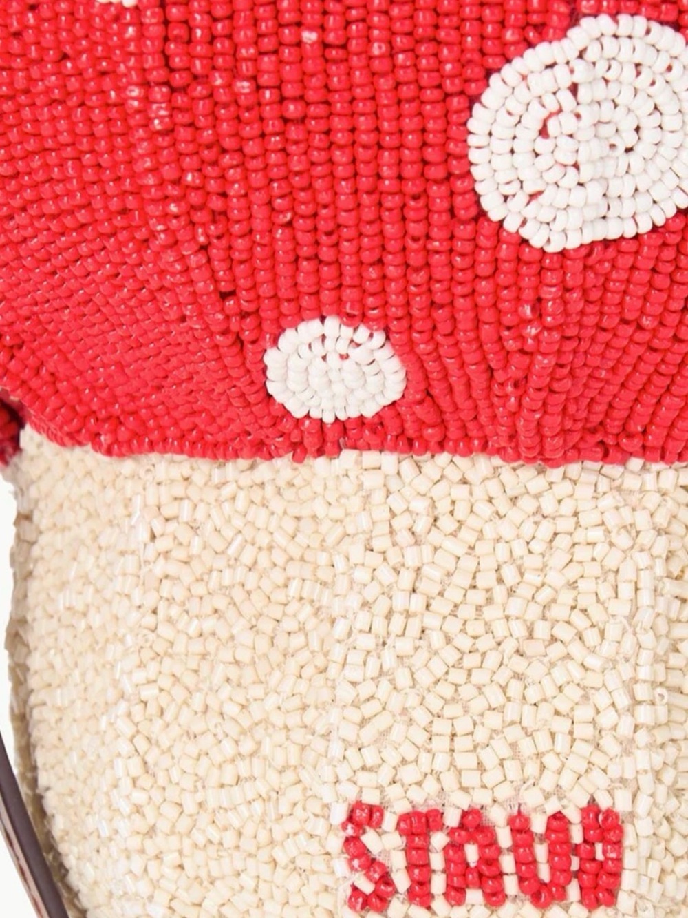 NEW STAUD Red and Cream Mushroom Beaded Mini Bag with Brown Handles - Picture 4 of 7